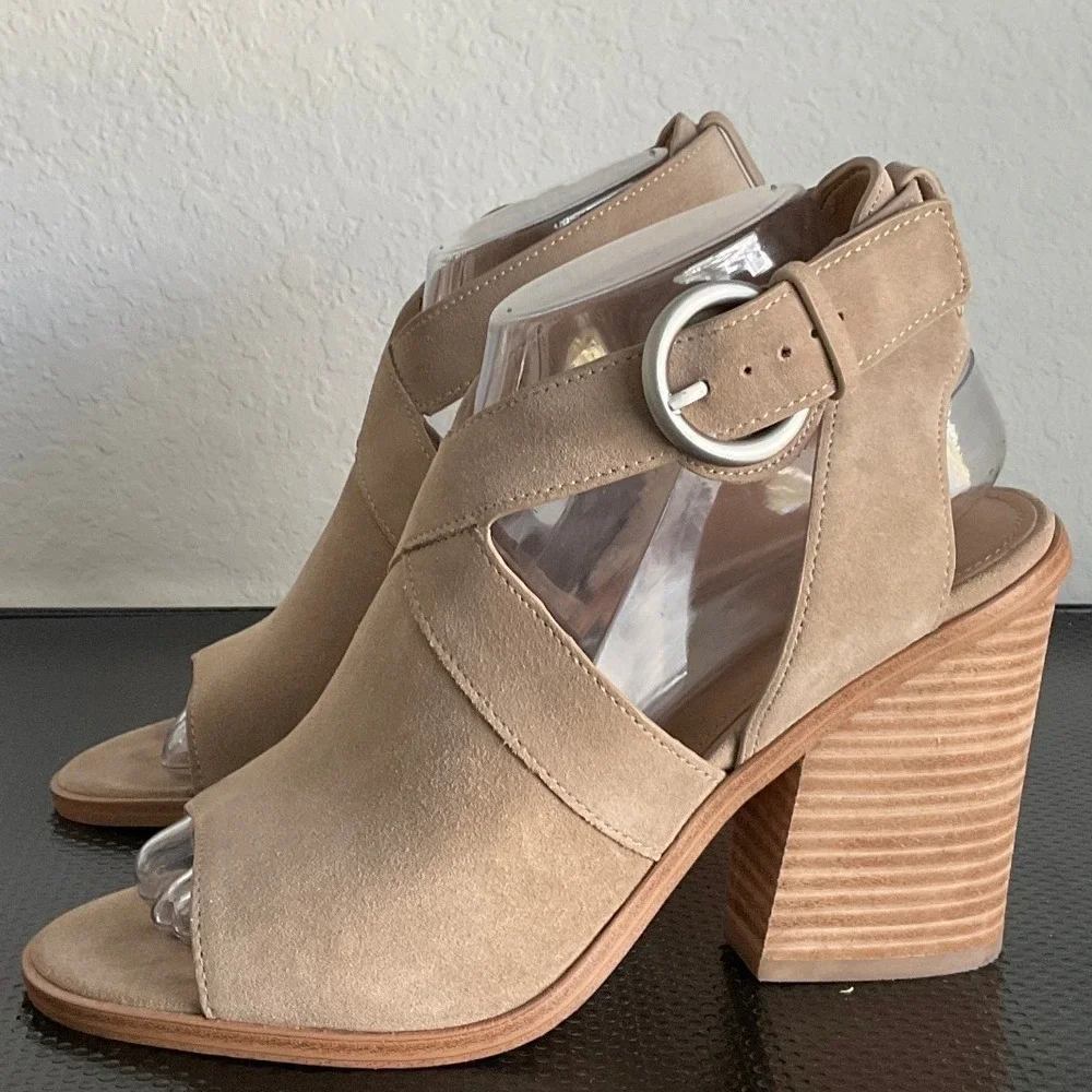 Marc Fisher LTD Tim Beige Tan Suede Open‎ Toe Buckle Block Heel Booties 7.5M
